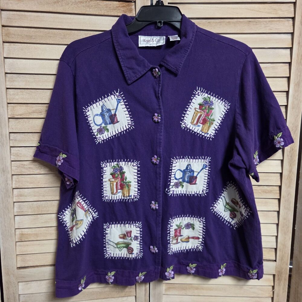 Vintage Kate & Co Purple 1X Flower Patch Button Down Shirt Grannycore Gardening